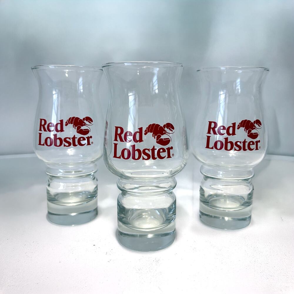 Vintage Red Lobster Hurricane Glasses Set of 3 Restaurant Logo 7" Tall